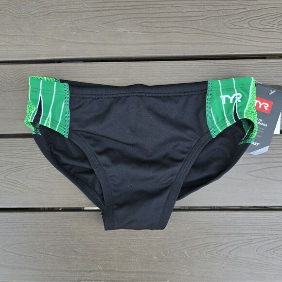 TYR Boy's Men's Durafast Elite Phoenix Black/green Swim Racer Brief SZ 28 New - Picture 1 of 3